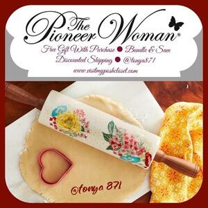 🦋 2023 🦋 New Pioneer Woman Fancy Flourish Ceramic Rolling Pin with Acacia Wood